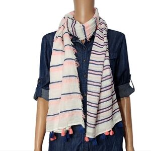 J.Crew Striped White and Pink Rectangle Scarf with Tassels  74" x‎ 27"